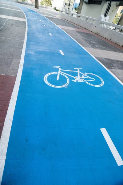 Точка Зрения Велосипедиста Едущего Синей Окрашенной Велодорожке Мостом — стоковое фото