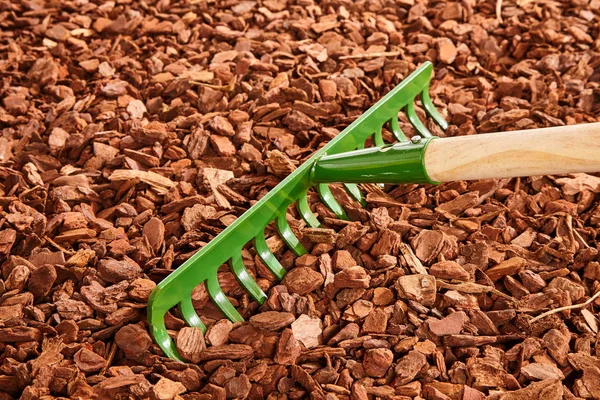 Único Ancinho Jardim Pintado Verde Com Dentes Grossos Sobre Mulch — Fotografia de Stock
