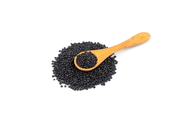 Black Lentils Beans Wooden Spoon White Background — Stock Photo, Image