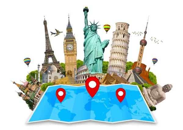 Famous Monuments World Grouped Together Map Pin Icon — Stock Photo, Image