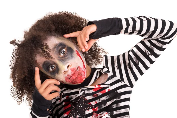 Jong Meisje Zombie Met Gezicht Verf Halloween Geïsoleerd Wit — Stockfoto