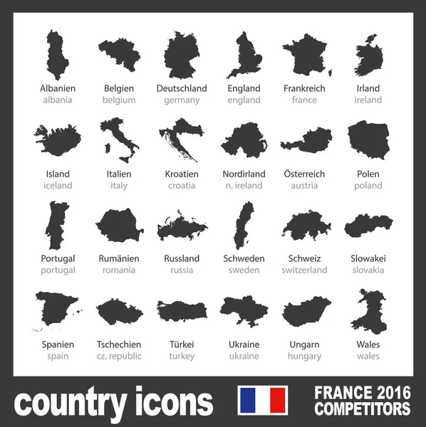 Países Modernos Mapa Iconos Del Euro 2016 Participantes Francia Negro — Foto de Stock