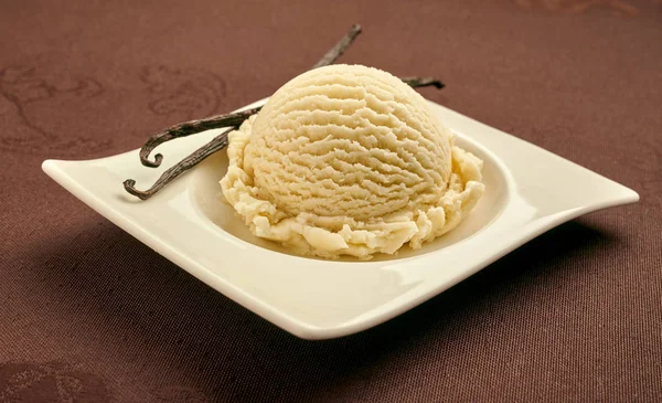 Scoop of gourmet vanilla ice cream with dried vanilla pods as a garnish served on a modern rectangular curved plate on a brown background