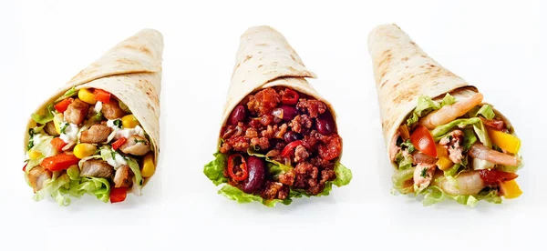 Close Stilleven Van Trio Van Tex Mex Fajita Wraps Verpakt — Stockfoto