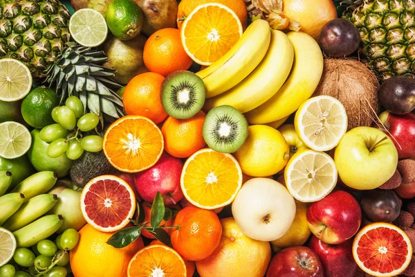 新鲜水果的背景 健康饮食和节食的概念 冬季分类 顶部视图 — 图库照片