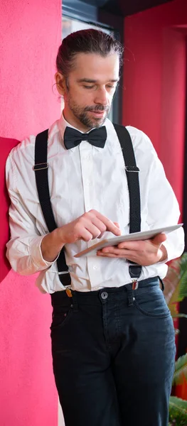Young Bearded Man White Shirt Bow Tie Teblet — Stock Photo, Image