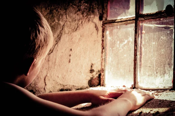 Single Poor Shirtless Male Child Glass Block Window Dirty Room — Stock Photo, Image