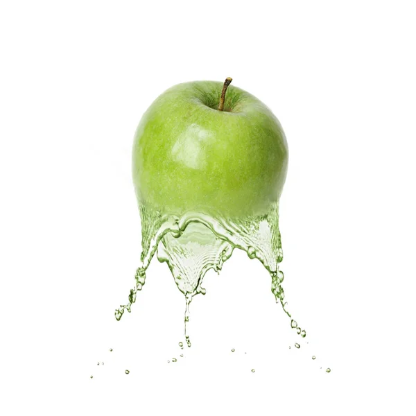Grüner Apfel Mit Spritzer Auf Weißem Hintergrund — Stockfoto