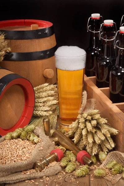 Bira Bardağı Buğday Arpa Şerbetçiotu Malt Ile Eski Bira Taşıyıcısı — Stok fotoğraf