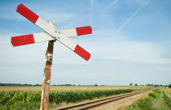 Antigo Sinal Ferroviário Perto Uma Pequena Ferrovia Holanda Holanda — Fotografia de Stock