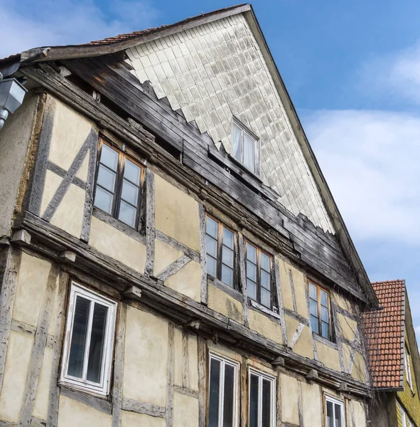 Front Old Ruinous Condition Half Timbered House Missing Shingles Ailing — Stock Photo, Image