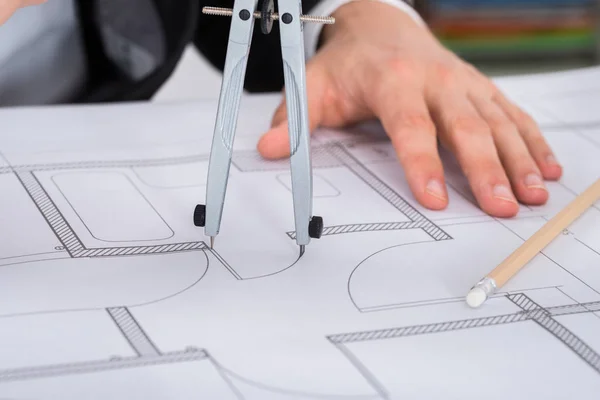 Close Young Male Architect Hands Holding Compass Blueprint Office — Stock Photo, Image