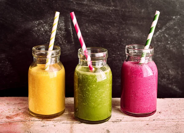 Side View Profile Healthy Fruit Vegetable Smoothies Served Rustic Glass — Stock Photo, Image