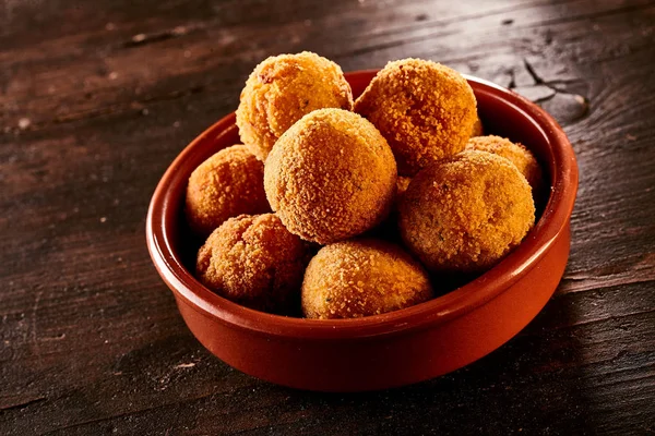 Spanish Bacalao Croquettes Made Dried Salted Codfish Coated Breadcrumbs Fried — Stock Photo, Image