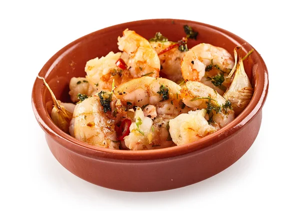 Spicy Shrimp Prawn Tails Garnished Chopped Fresh Herbs Served Spanish — Stock Photo, Image