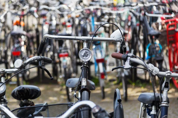 Τιμόνι Ποδηλάτου Που Στέκεται Μεταξύ Άλλων Χώρο Στάθμευσης Ποδηλάτων — Φωτογραφία Αρχείου