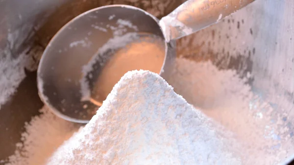 Closeup Panorama Photo Mound Freshly Sifted Confectioner Sugar Stainless Steel — Stock Photo, Image