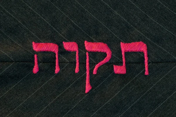 希伯来语 Tikvah 用炽热的粉红缝成 与炭灰色的细条纹背景相衬 — 图库照片