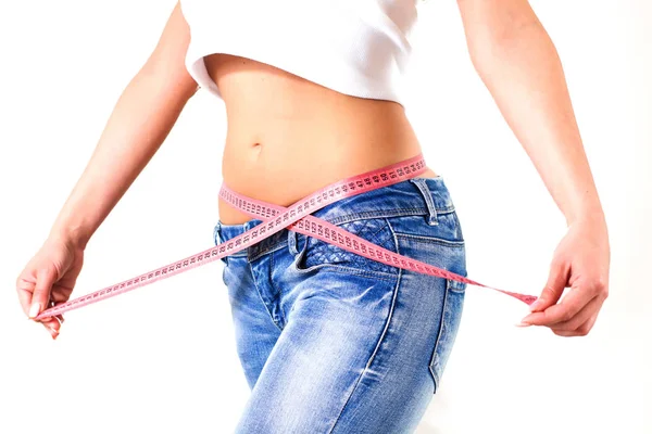 Slim Attractive Waist Woman Jeans Tape Measure Show Thin Body Stock Image