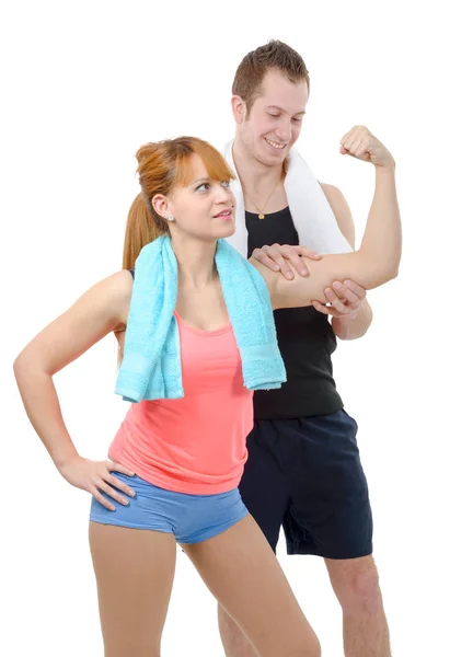 Young Man Looks Biceps His Girlfriend White Background — Stock Photo, Image