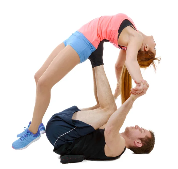 Beautiful Young Woman Man Doing Stretching Exercises Isolated White Background — Stock Photo, Image