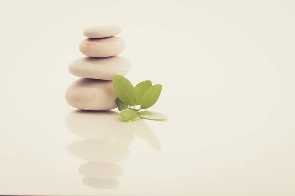 Haufen Von Ausgleichenden Kieselsteinen Und Grünem Blatt Wie Zen Stein — Stockfoto