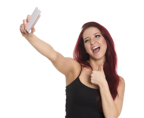 Chica Joven Haciendo Una Selfie Mostrando Los Pulgares Hacia Arriba —  Fotos de Stock