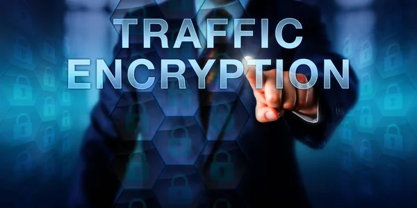 Corporate User Pushing Traffic Encryption Touch Screen Interface Information Technology — Stock Photo, Image