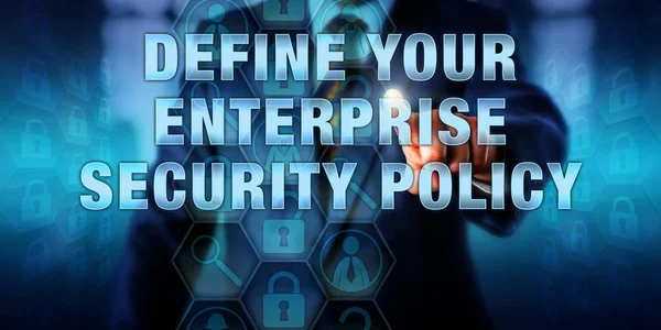 Manager Pushing Define Your Enterprise Security Policy Visual Interactive Display — Stock Photo, Image