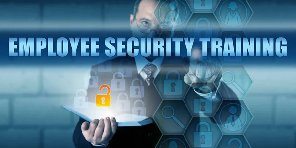 Chefen Trycker Employee Säkerhet Training Virtuell Pekskärm Gränssnitt Affärsutmanande Metafor — Stockfoto
