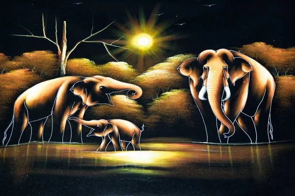 Μια Ενθουσιασμένη Οικογένεια Ελεφάντων Στο Δάσος Πριν Ηλιοβασίλεμα Όμορφη Ζωγραφική — Φωτογραφία Αρχείου