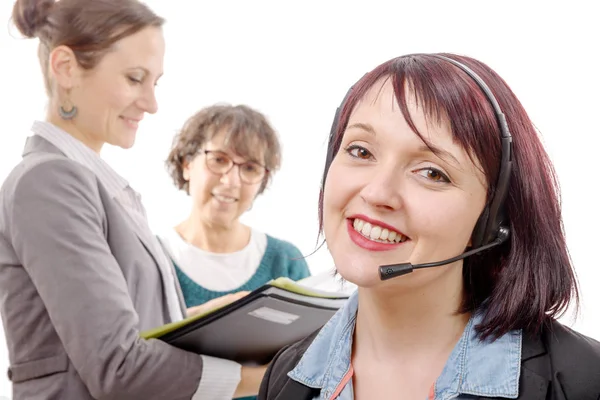 Close Portrait Smiling Young Woman Headset — Stock Photo, Image