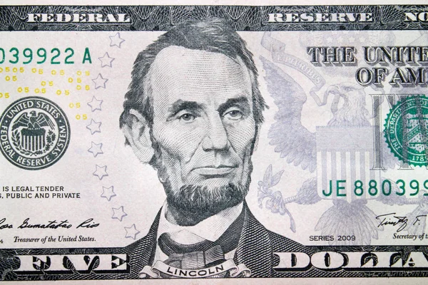 Nota Cinco Dólares Com Imagem Abraham Lincoln — Fotografia de Stock