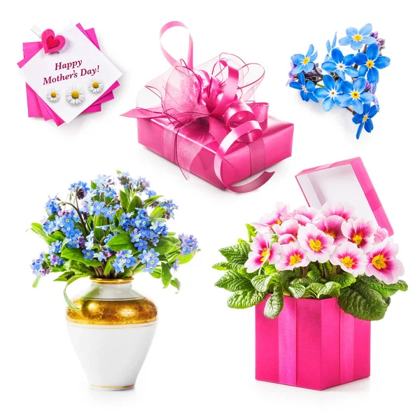 Mothers Day Gift Collection Pink Gift Box Flowers Greeting Card — Stock Photo, Image