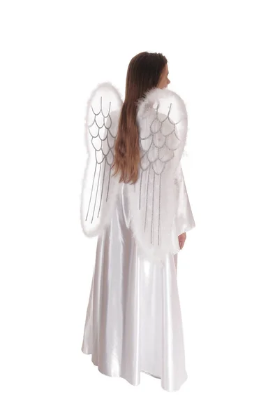 Angel Long White Satain Dress Wings Long Brown Hair Standing — Stock Photo, Image