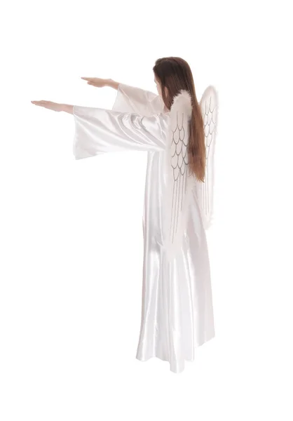 Ангел Довгій Білій Сукні Крилами Довгим Коричневим Волоссям — стокове фото