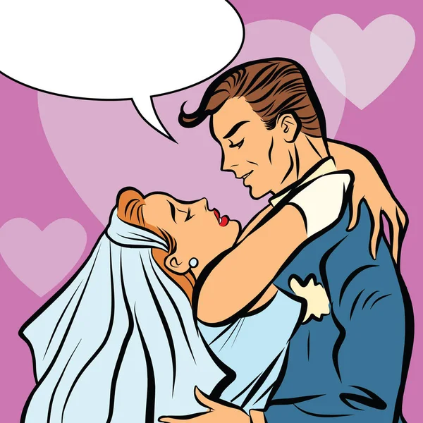 Braut Und Bräutigam Lieben Herz Umarmung Vektor Retro Pop Art — Stockfoto