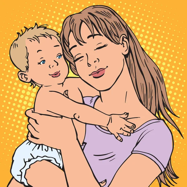 young mother baby vector retro pop art. The children and parents. maternal concern about the baby. Vector mother. Mom illustration