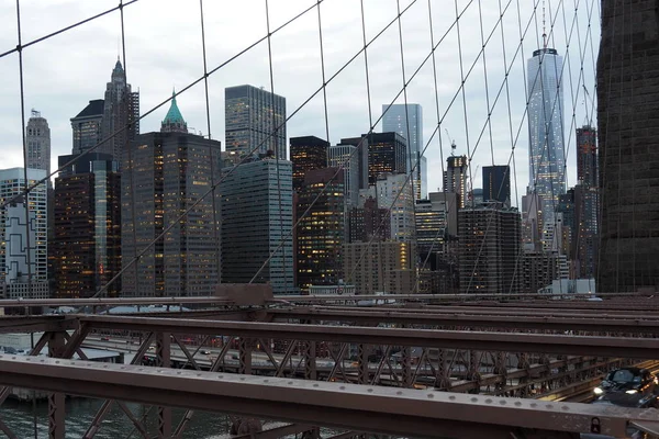 Manhattan Financial District Skyline Partir Brooklyn Bridge Coucher Soleil Par — Photo