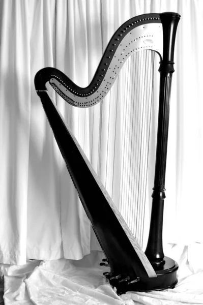 Donker Houten Concert Grand Pedal Harp Tegen Brede Gordijnen — Stockfoto