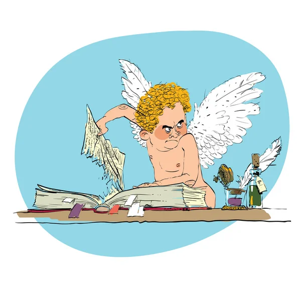 Anioł Łobuz Wyciąga Stronę Książkami Anioły Dobra Zła Bajkowe Stworzenia — Zdjęcie stockowe