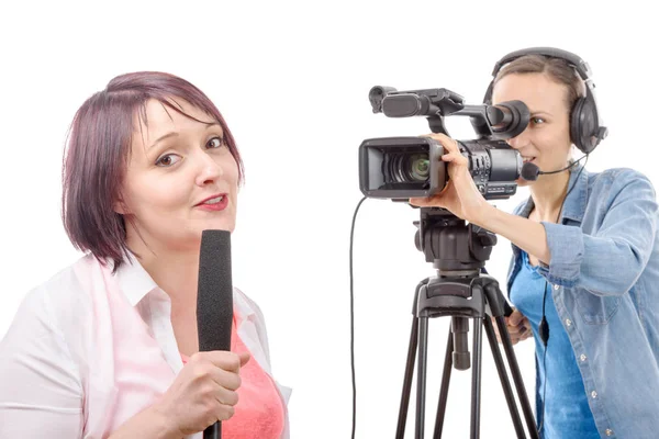 Une Jeune Journaliste Avec Microphone Camérawoman — Photo