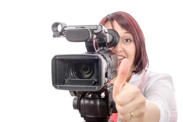 Une Jolie Camérawomane Avec Une Caméra Professionnelle Sur Blanc — Photo