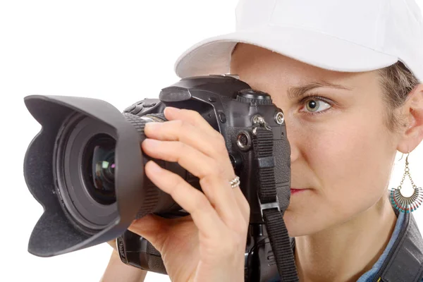 Young Woman Camera Isolated White Background Youth Lifestyle — Stock Photo, Image