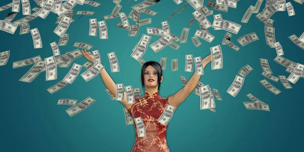 Perempuan Asia Penangkapan Uang Jatuh Dari Langit Dalam Dolar — Stok Foto