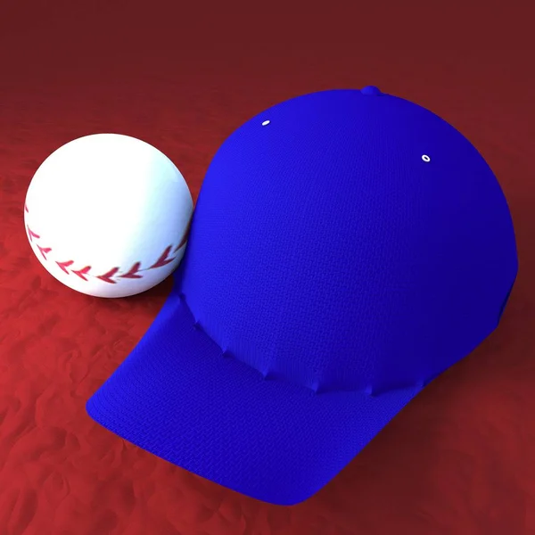 Baseball and baseball hat over red field, 3d rendering