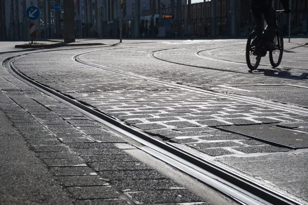 Tramvajové Kolejnice Dlaždicemi Podzemní — Stock fotografie