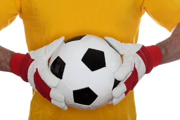 Футбольный Мяч Руках Изолирован Белом — стоковое фото