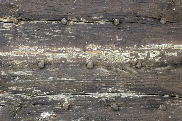 Trä Mörk Bakgrund Med Gamla Rostiga Naglar Hårda Och Blekta — Stockfoto