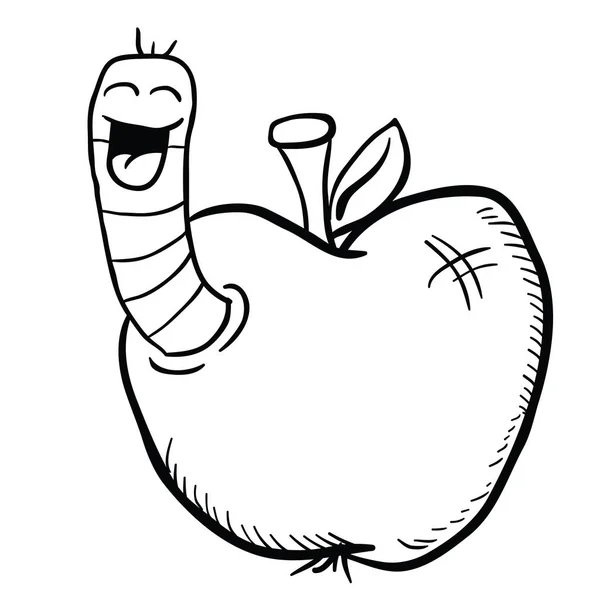 Schwarz Weiße Cartoon Illustration Apfel Mit Wurm — Stockfoto